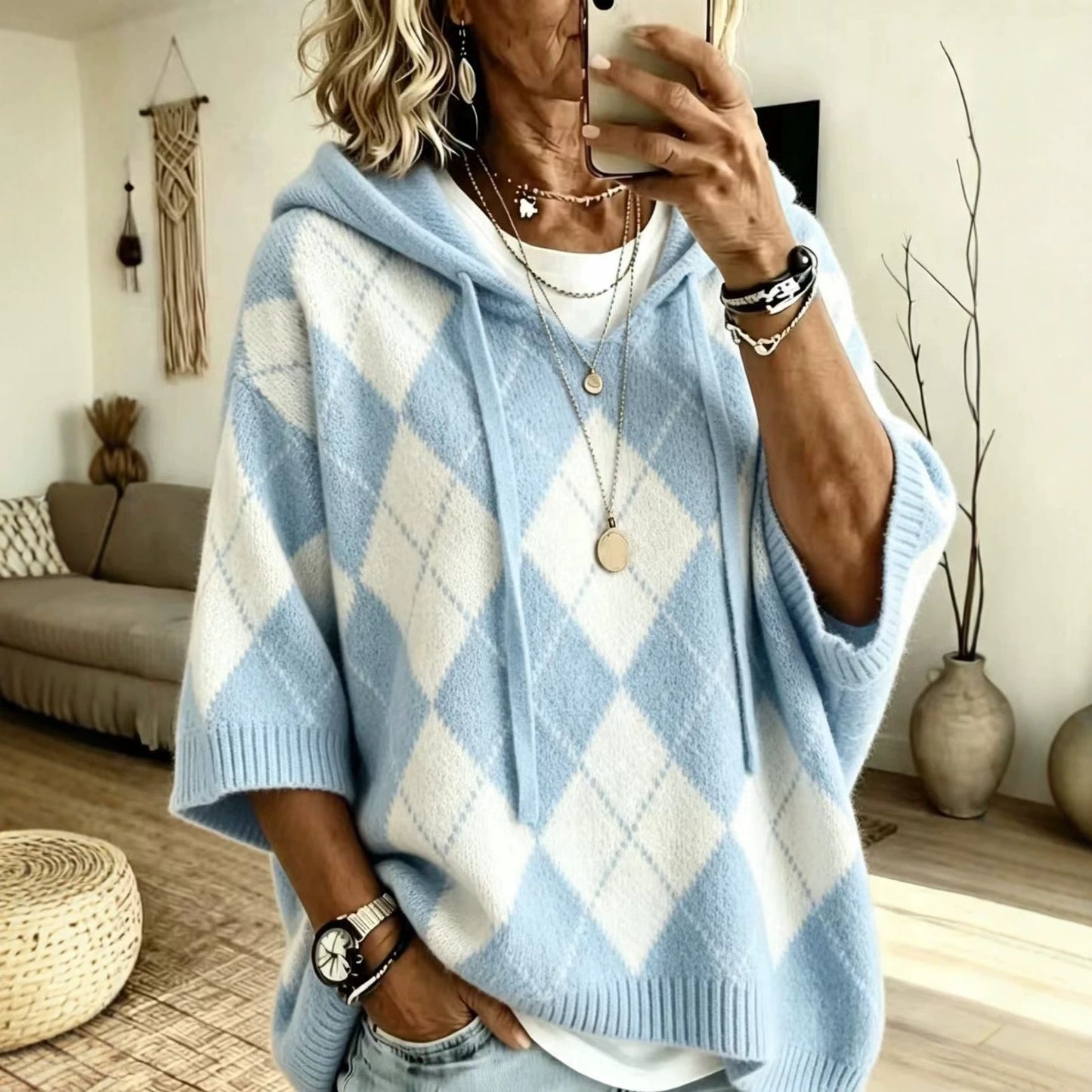 Knitted Plaid Printed Casual Hooded Drawstring Tops