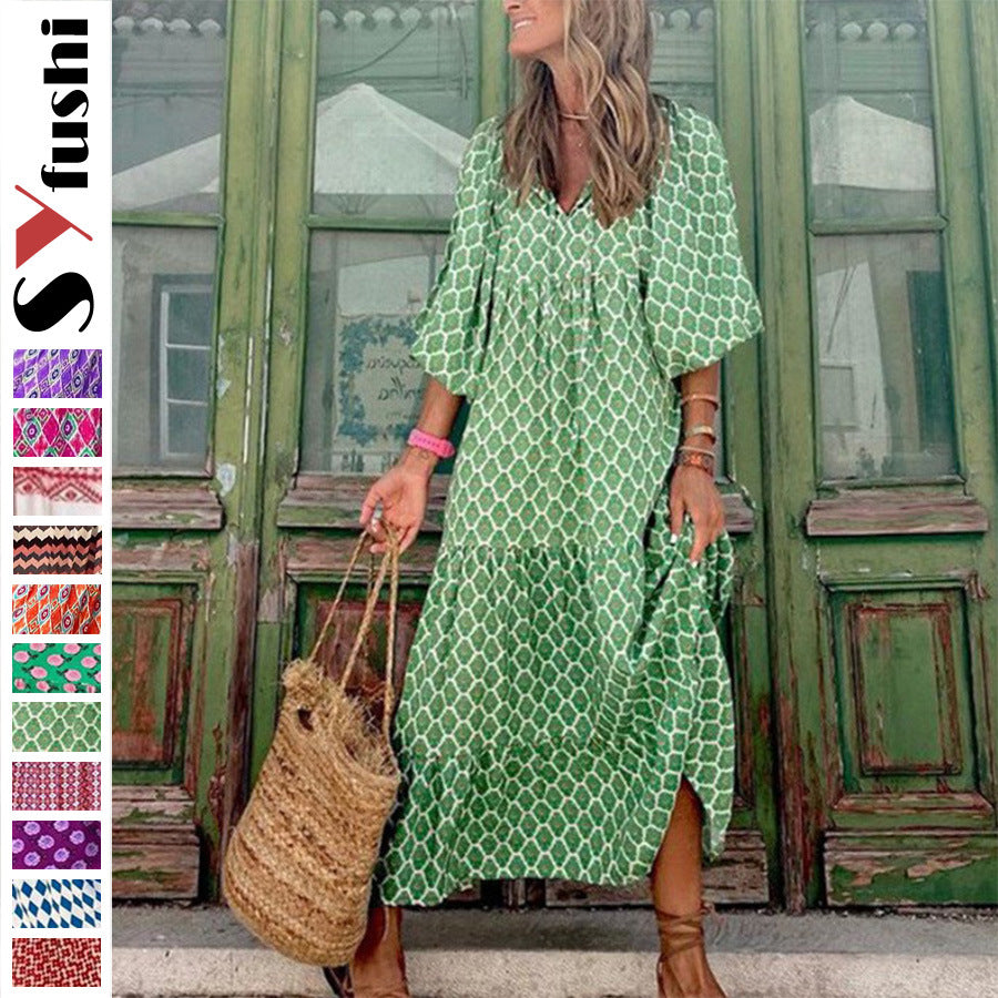 Women's Fashion Bohemian Lantern Sleeve Temperament Printed Dress