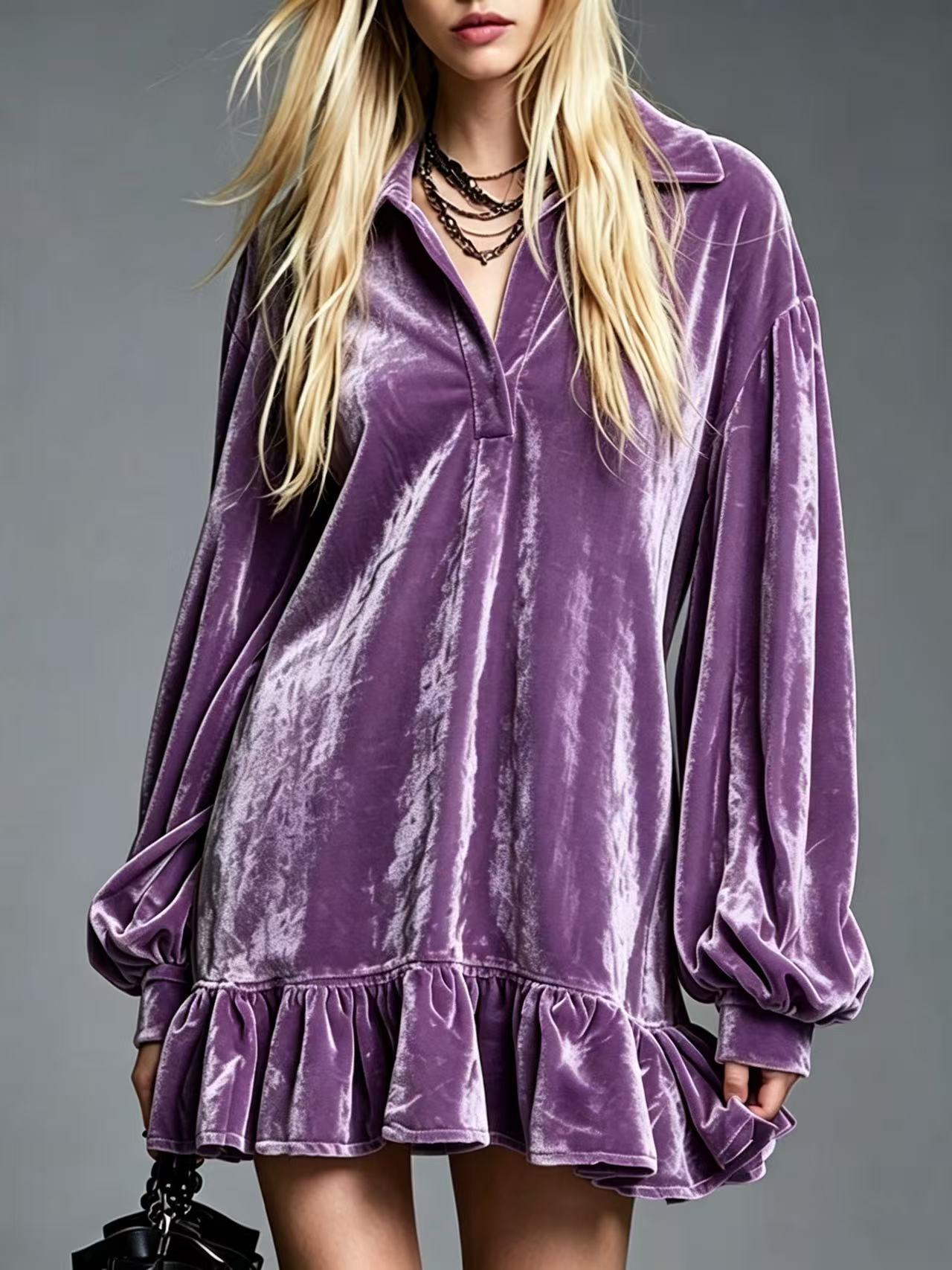 Women's Gentle Veet Lantern Sleeve Ruffled Lapel Dress