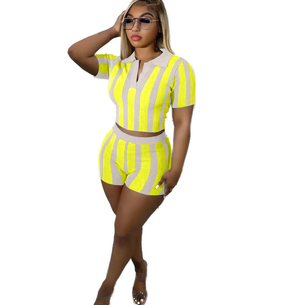 Women's Stripe Printed Sexy Backless Sleeve Two-piece Shorts