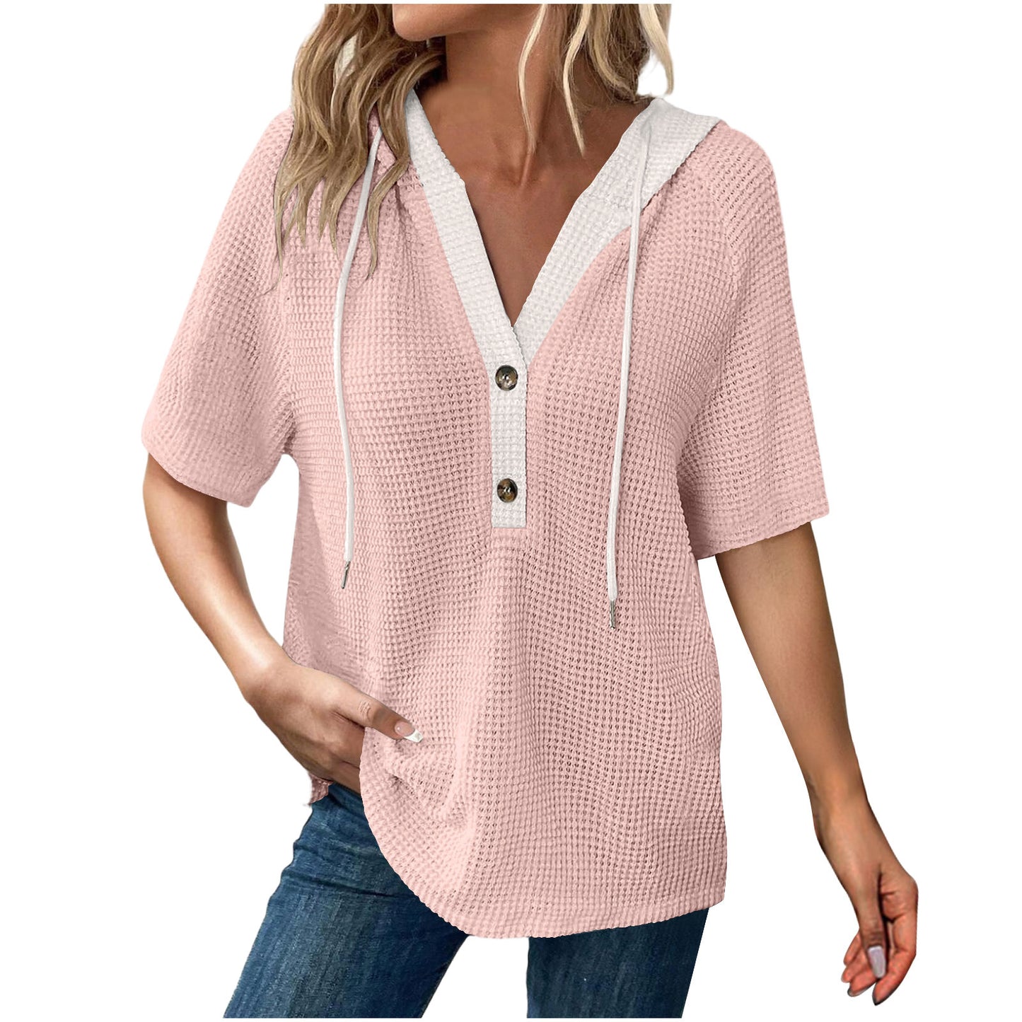 Women's Solid Color Waffle Hooded Button Loose Sleeve Shorts