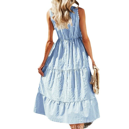 Women's Summer Striped Sleeveless Elastic Waist Large Dresses