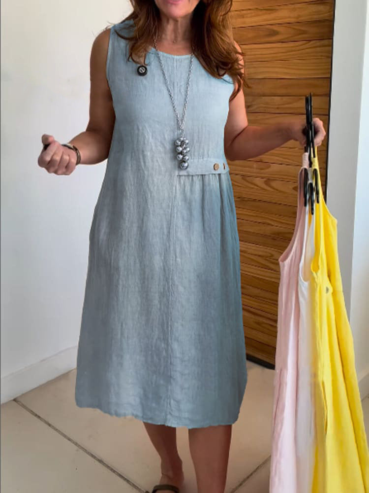 Women's Summer Button Pocket Sleeveless Round Neck Cotton Dress