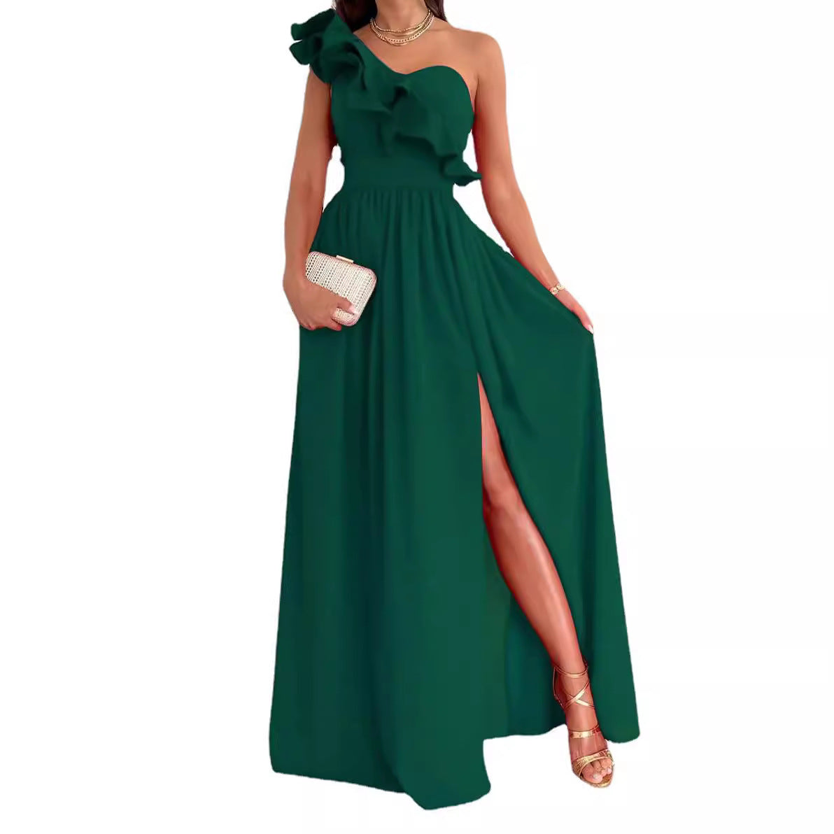 Women's Summer Sleeveless Shoulder Ruffled Slit Hemline At Dress