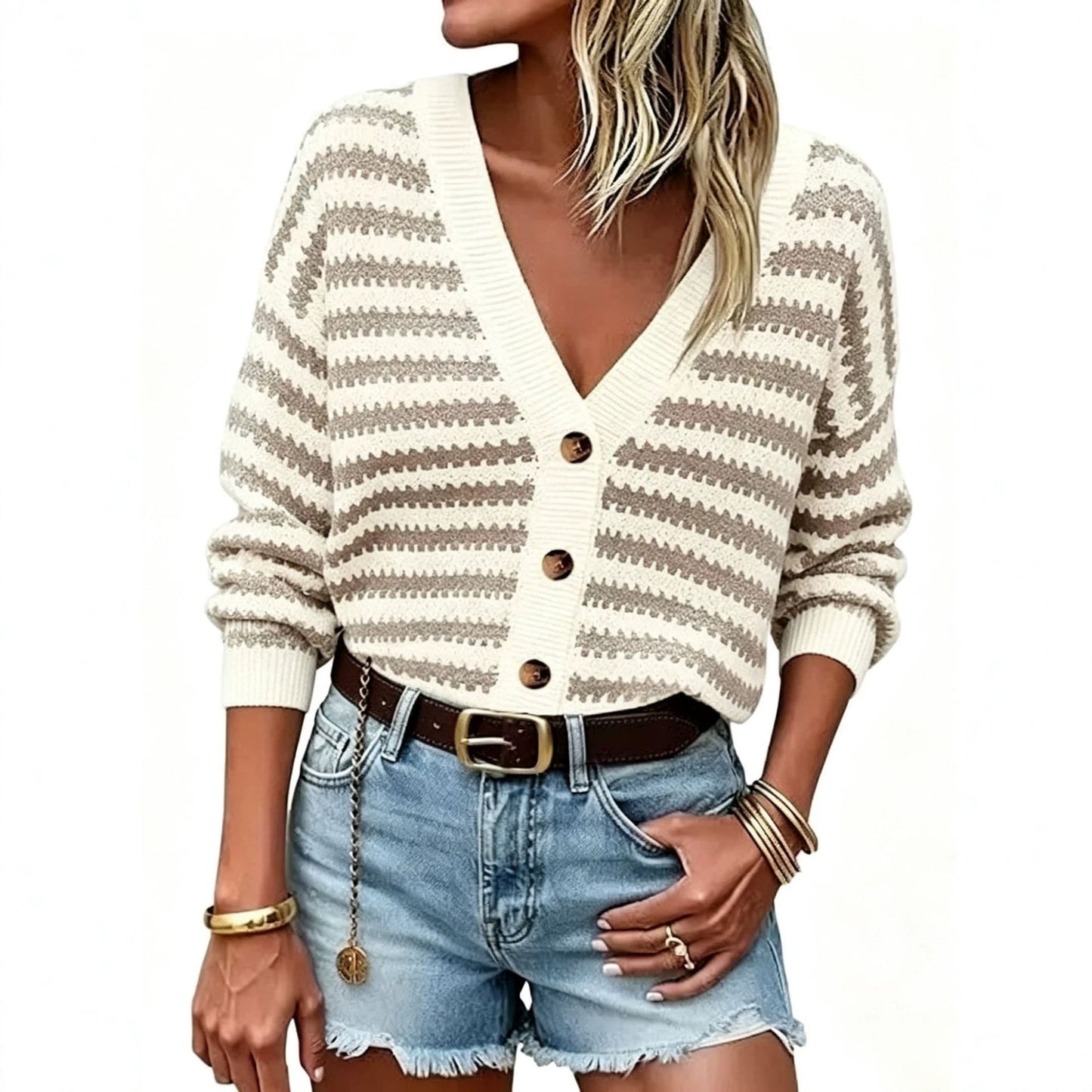Women's Hollow Knitted Striped Long Sleeve South Women's Sweater