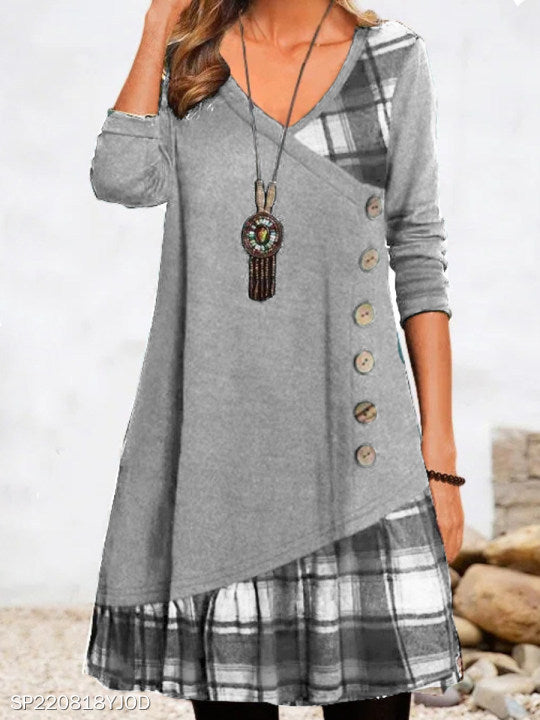 Autumn Stitching Decorative Buckle Long Sleeve Plaid Dresses