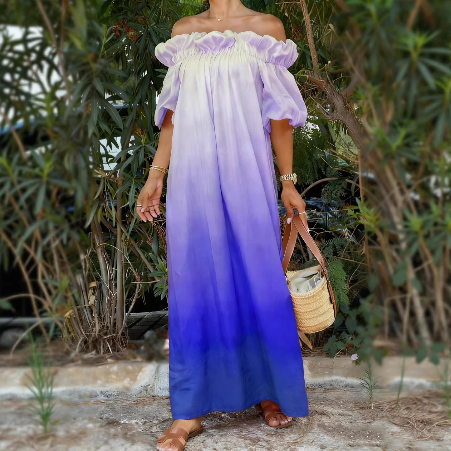 Gradient Backless Lazy Puff Sleeve Loose Dress