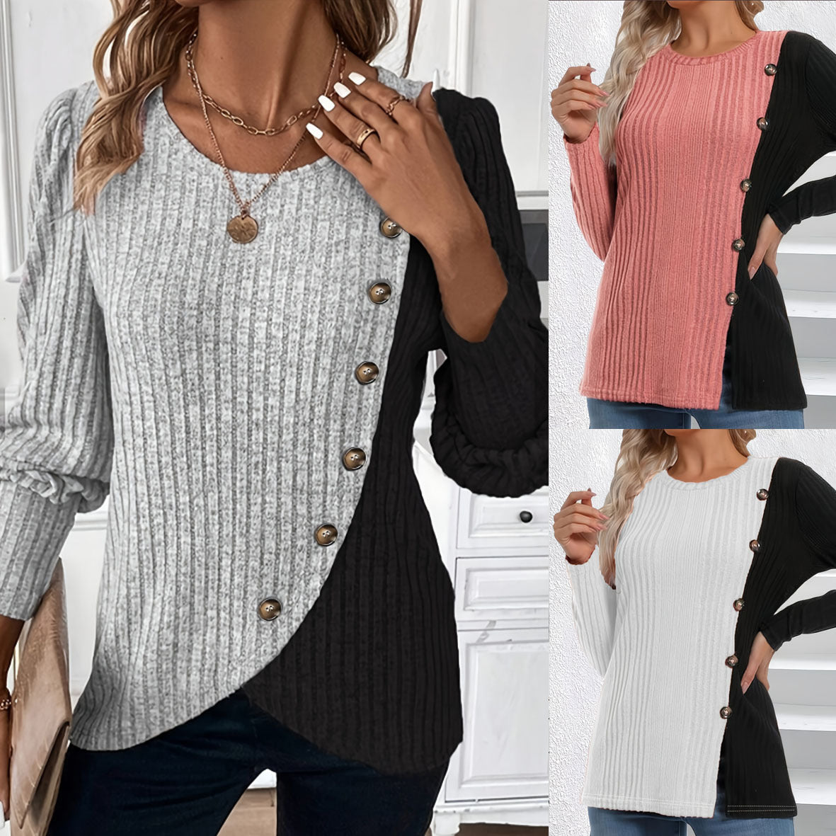Women's Casual Sunken Stripe Button Long Sleeve Tops