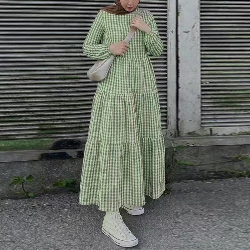 Sleeve Elastic Round Neck Loose Waist Casual Dress