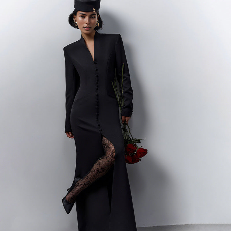 Autumn French Style Temperament Solid Color High Waist Dresses