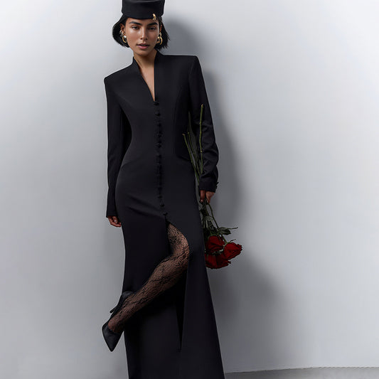 Autumn French Style Temperament Solid Color High Waist Dresses