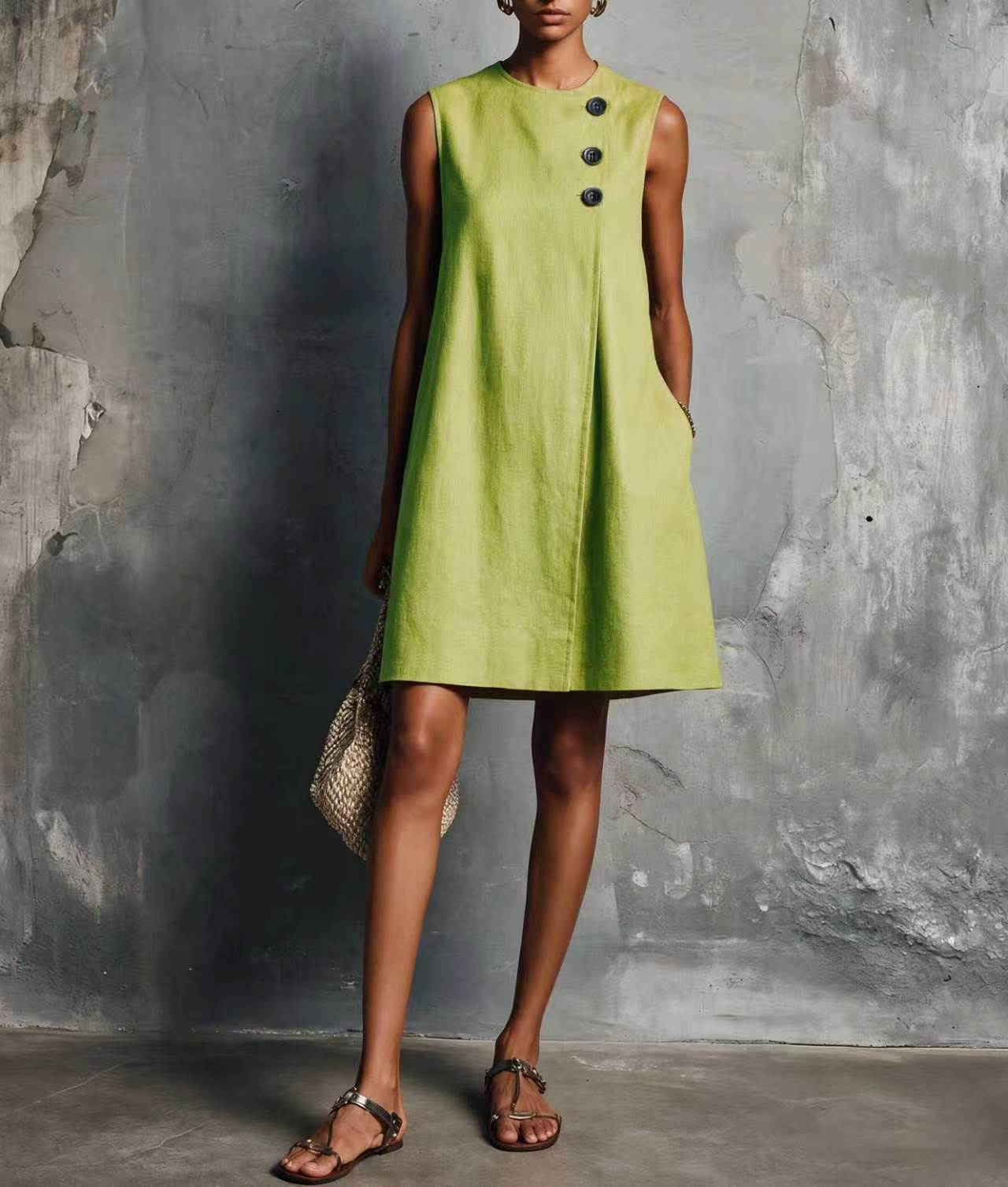 Women's Blended Round Neck Asymmetric Button Side Dress