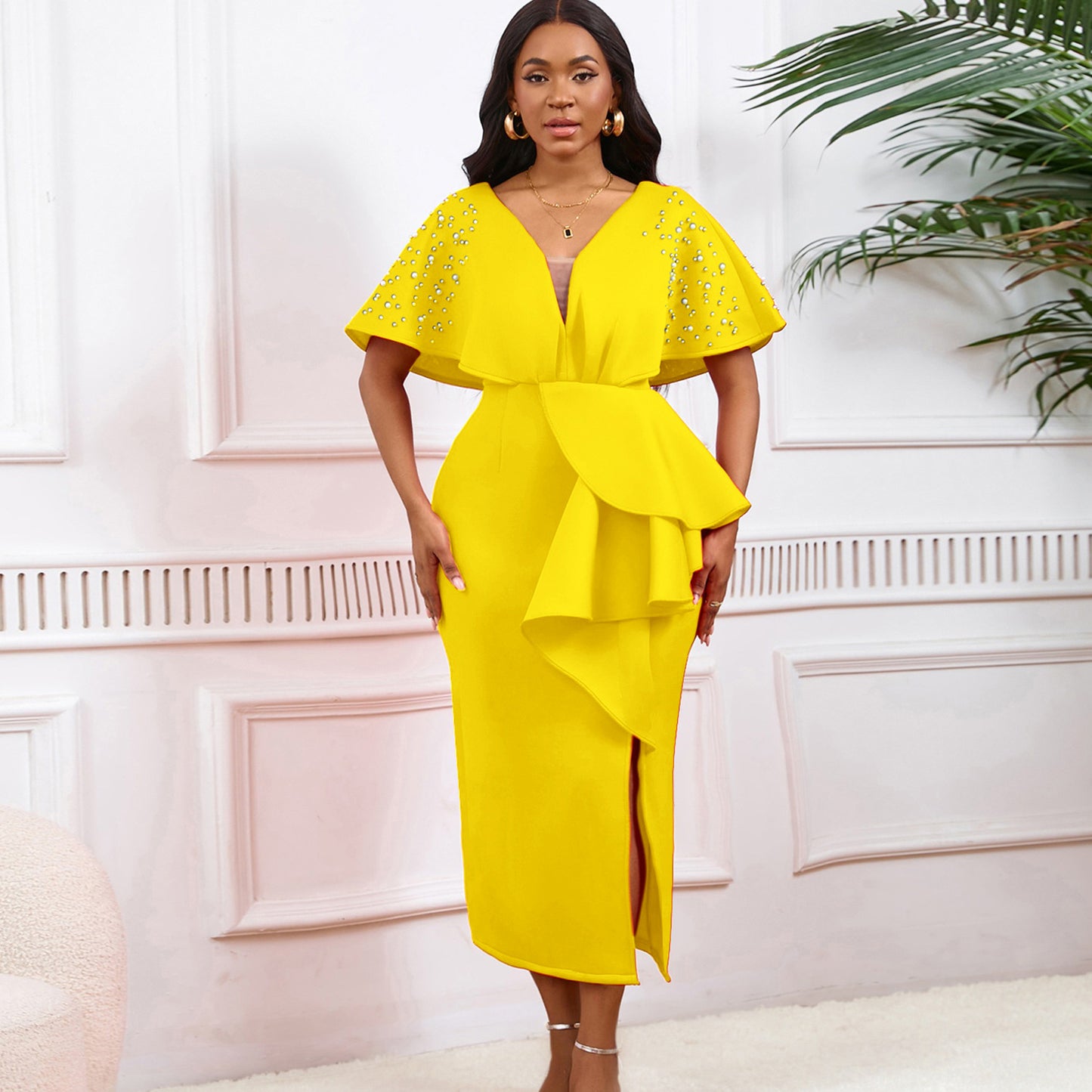 Sexy Ruffled Bifurcated Rivet Beads Party Dresses