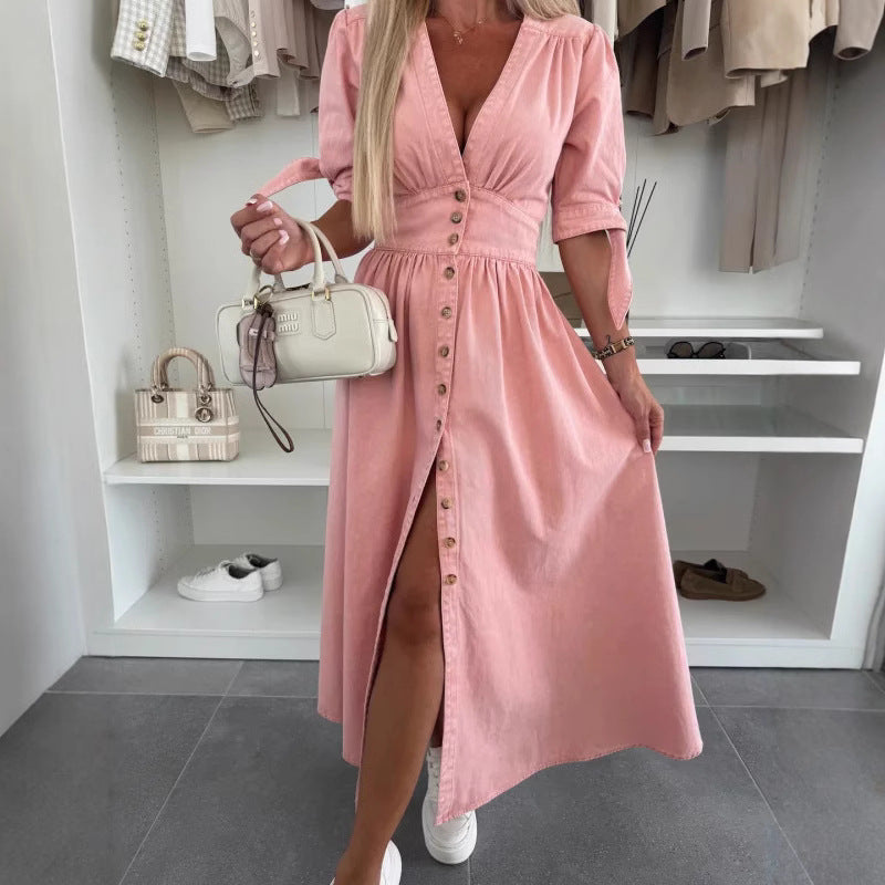 Women's Fashion Long Sleeve Loose Denim Button Shorts