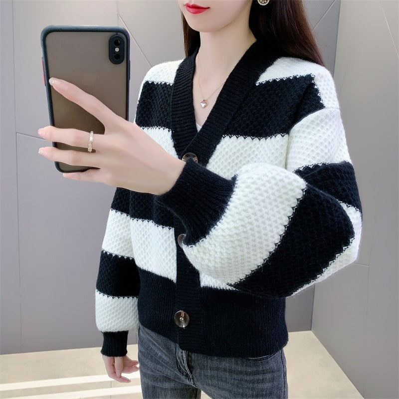Women's Retro Mixed Color Stripe Knitted Fashion Classic Casual Women's Sweater