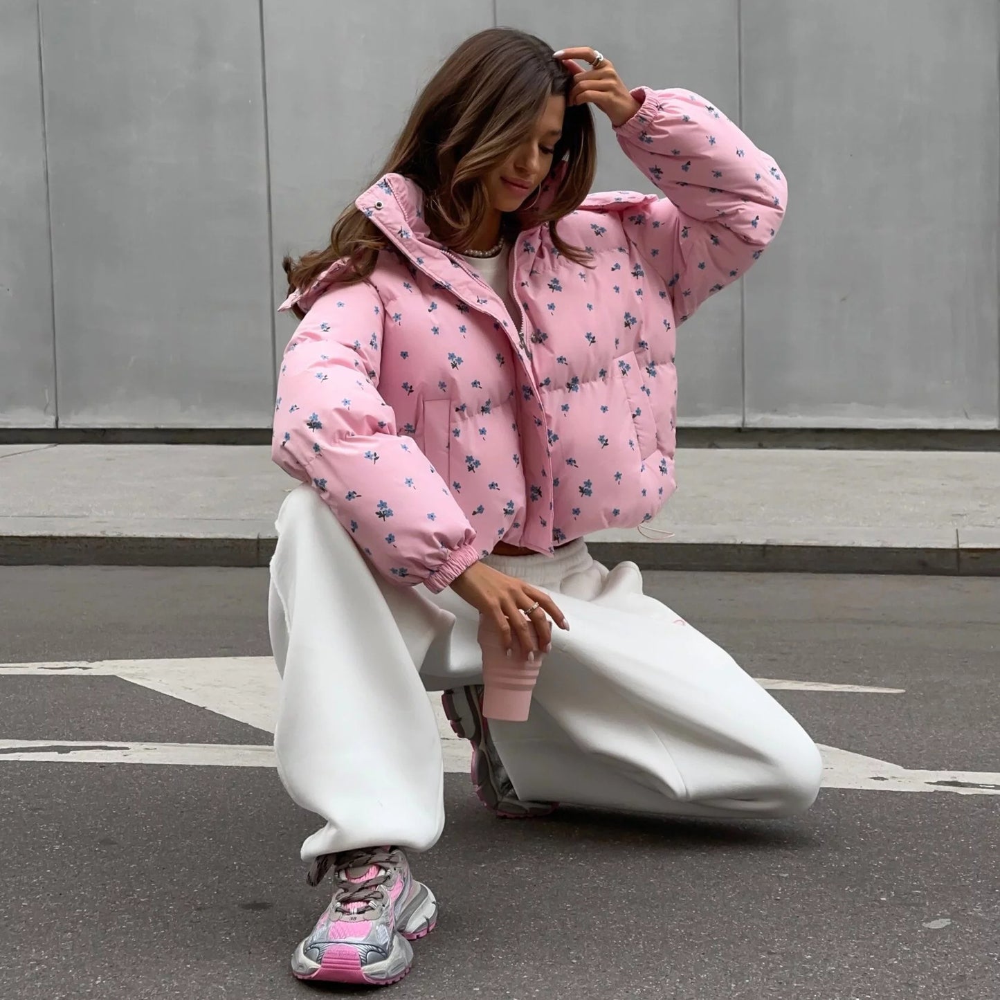 Women's Floral Bread Hoodie With Drawstrings Cotton Coats