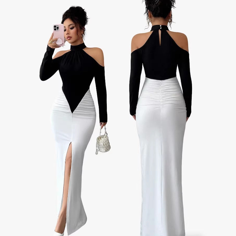Women's Elegant Sexy Halter Pleated Contrast Color Slim Dress