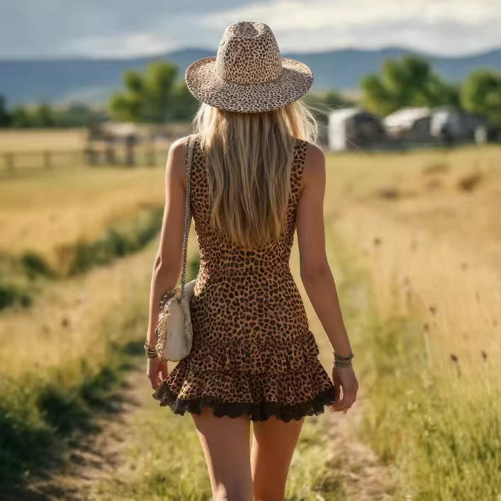 Women's Leopard Print Lapel Summer Lace Ruffled Waist Dress