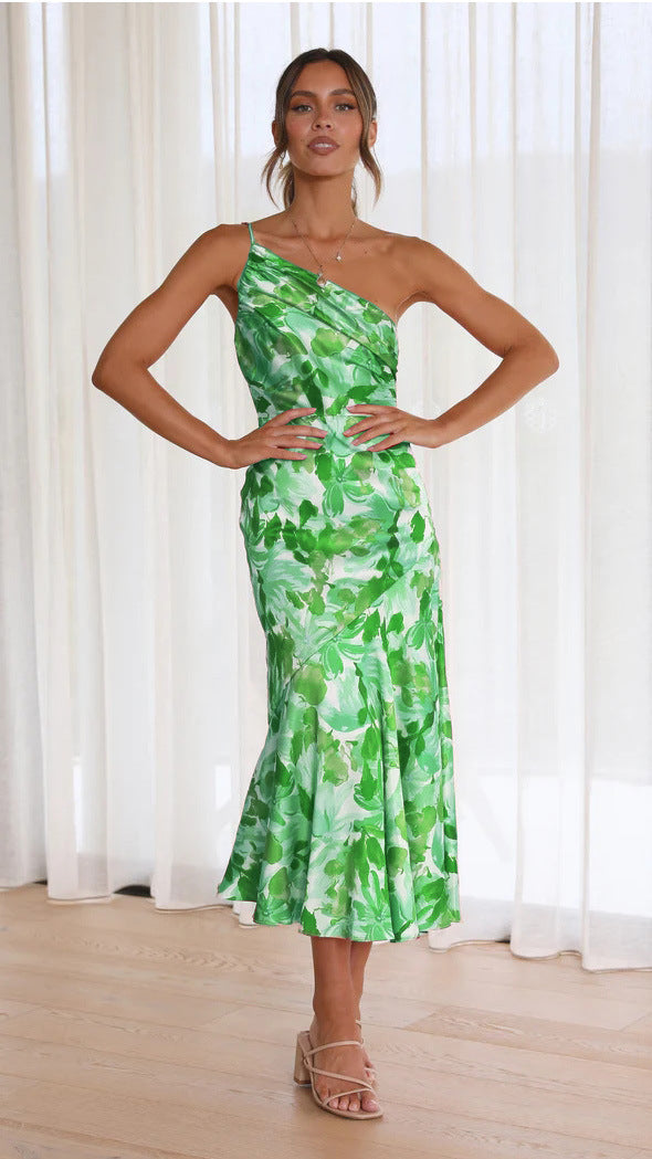 Temperament Diagonal Collar Strap Fishtail Printed Dresses