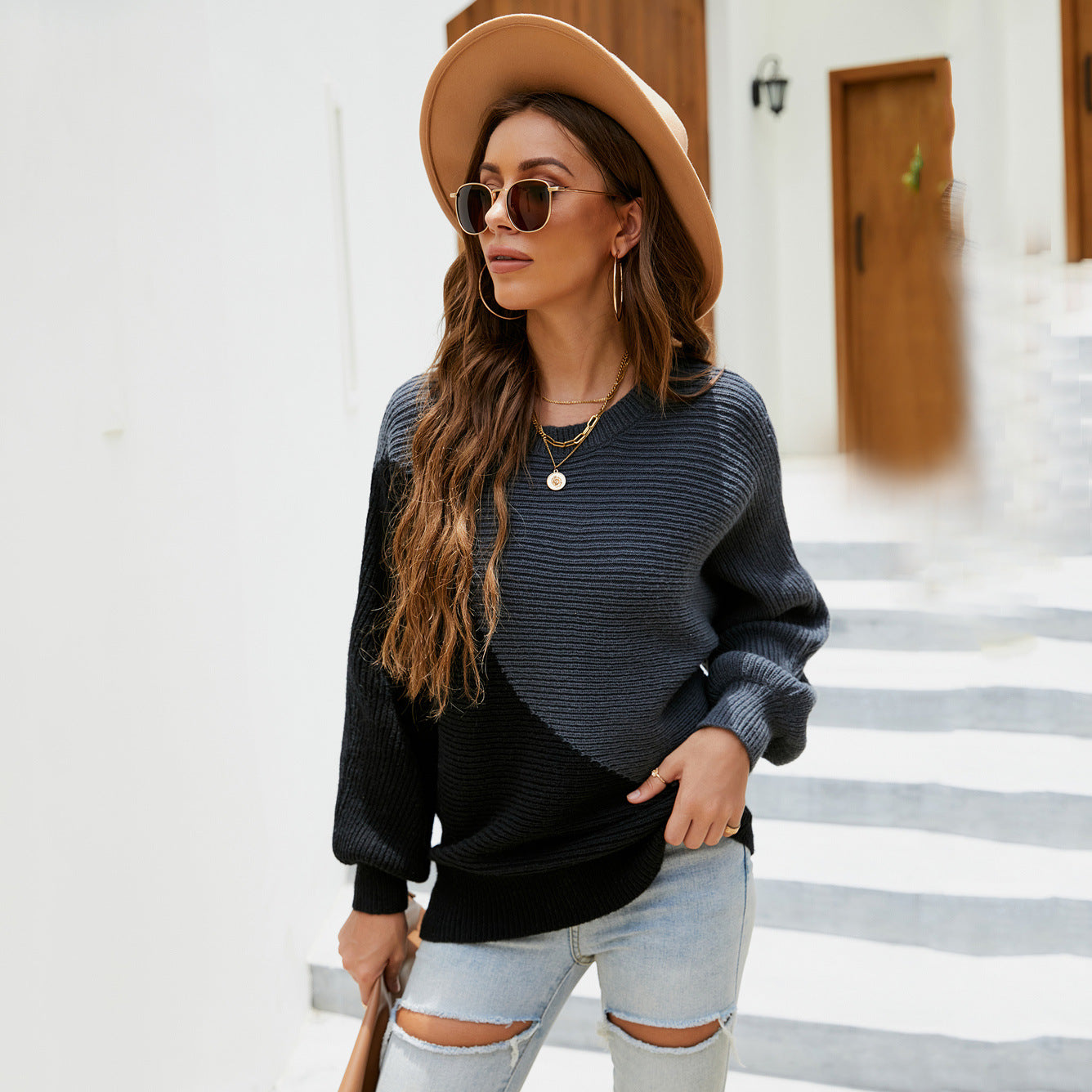 Women's Spring Female Stitching Personality Fashion Large Batwing Sweater