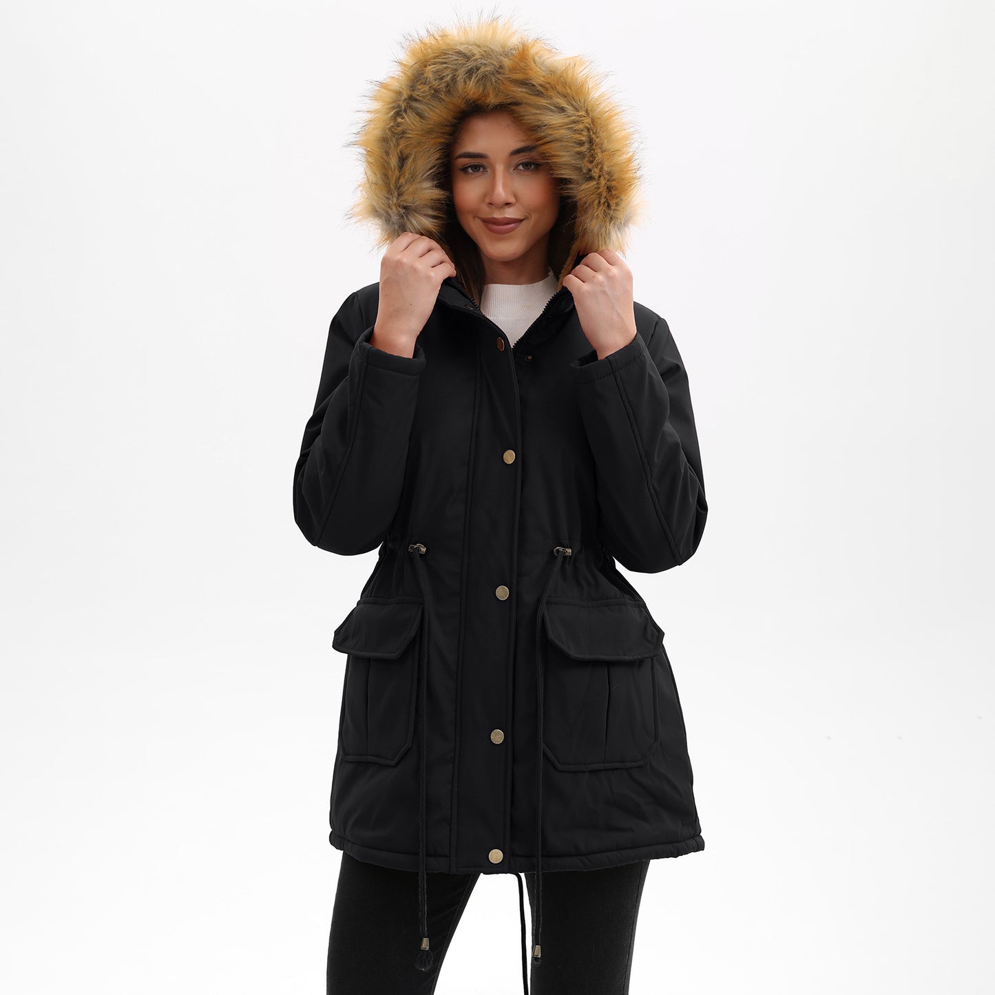 Women's Fleece-lined Parka Hooded With Fur Collar Mid-length Coats