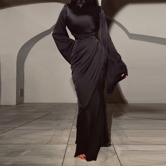 Women's Pleated Long Sleeve Waist Irregular Solid Dresses