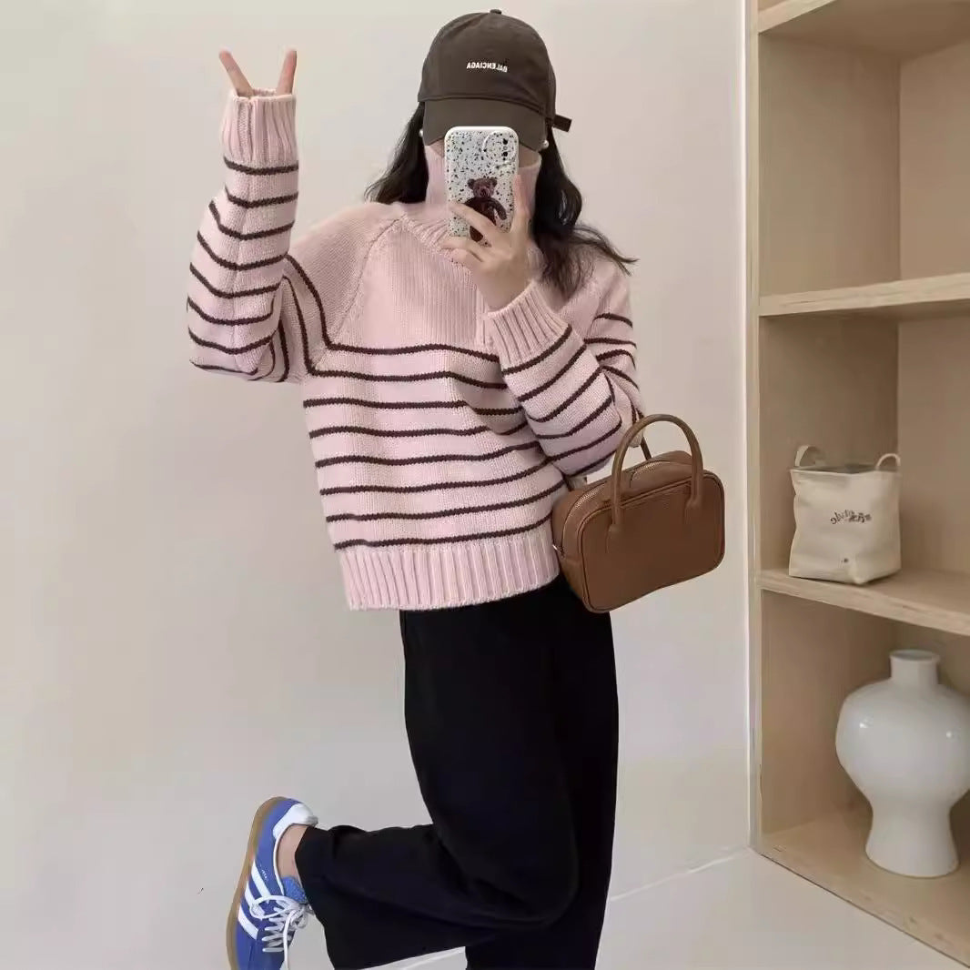 Women's Striped Half Zipper Pullover Korean Loose Lazy Sweater