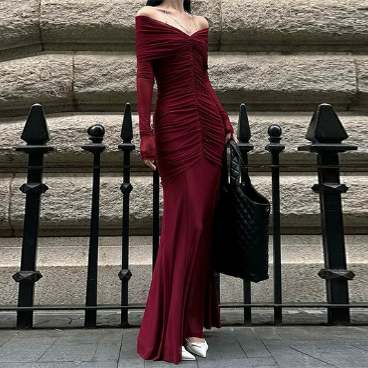 Women's Autumn Elegant Pleated Red Dress Dresses