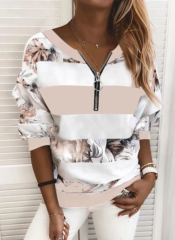 Women's Casual T-shirt Striped Digital Printing Zipper Blouses