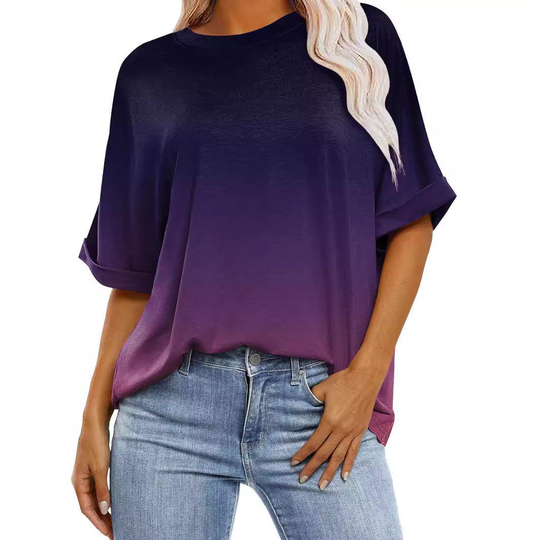Women's Gradient Color Sleeve Casual Round Neck Blouses