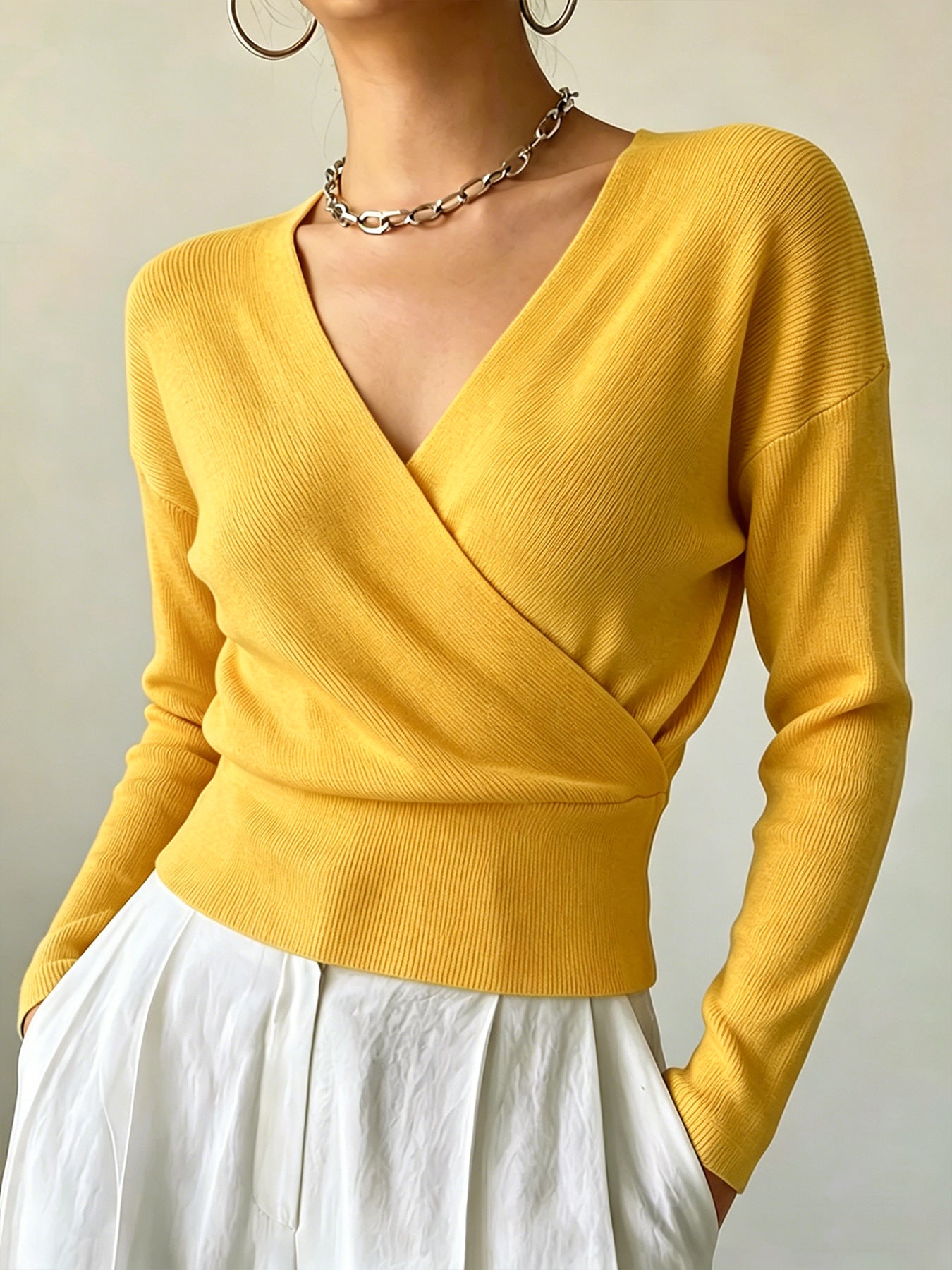 Women's Solid Color Fashion Cross Collar Tight Waist Design Show Figure Sweaters
