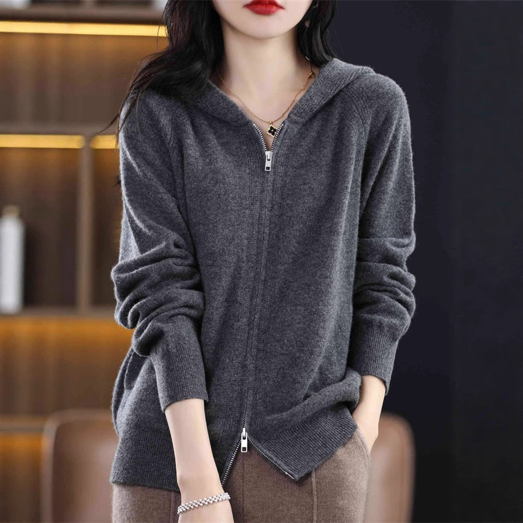 Women's Elegant Double Zipper Hooded Solid Color Sweater