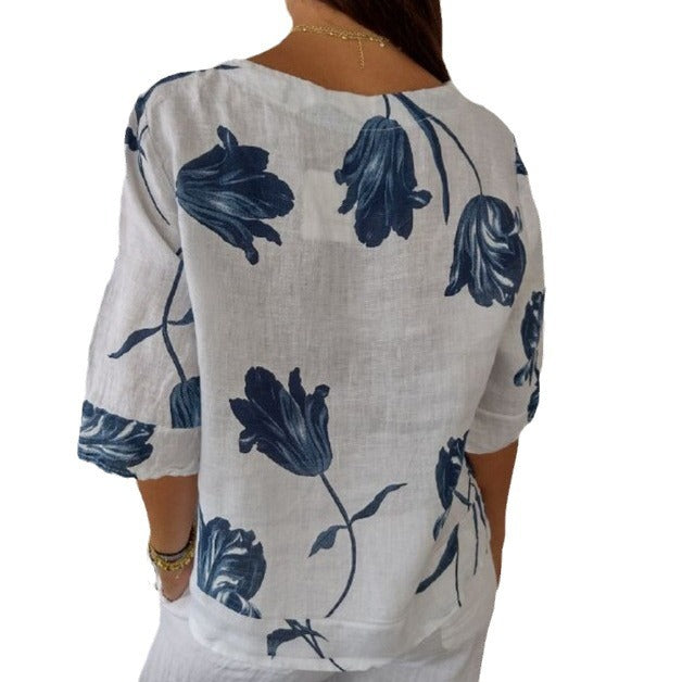 Women's Printed Cotton Linen Short-sleeved Pullover Shirt Blouses