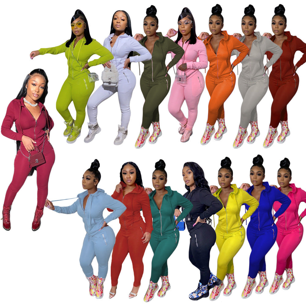 Women's Autumn Solid Color Personality Zipper Two-piece Clothing