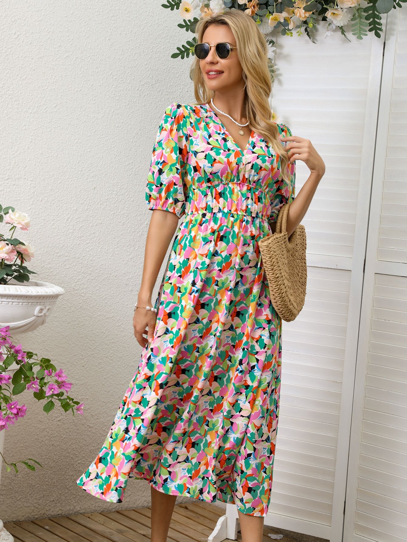 Classy Women's Summer Fashion Printed Waist Dress