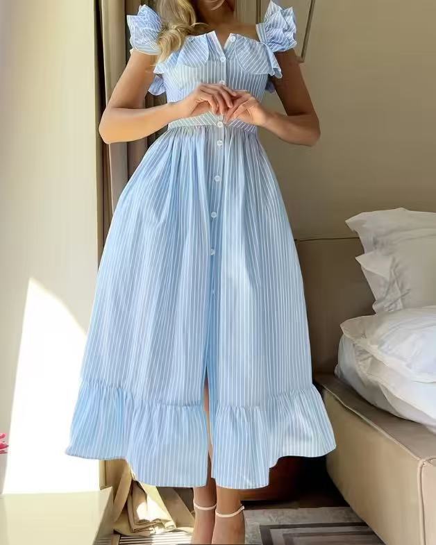 Flying Sleeves Striped Ruffled Long Summer Casual Dress
