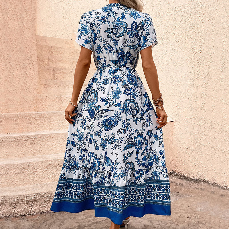 Holiday Casual Blue Retro Ethnic Print Dresses