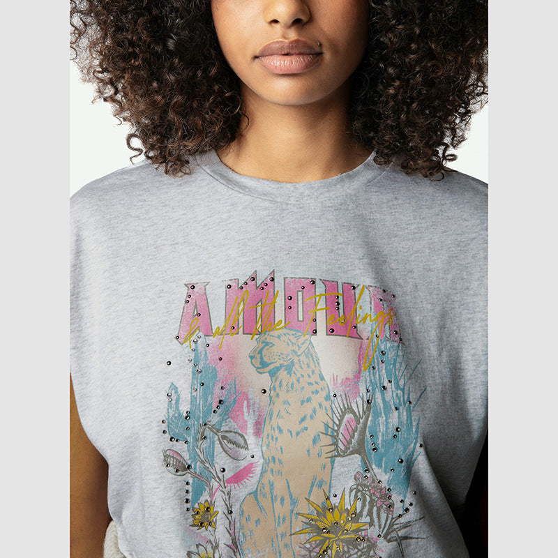 Women's Leopard Letter Chalk Digital Printed Rhinestones Blouses