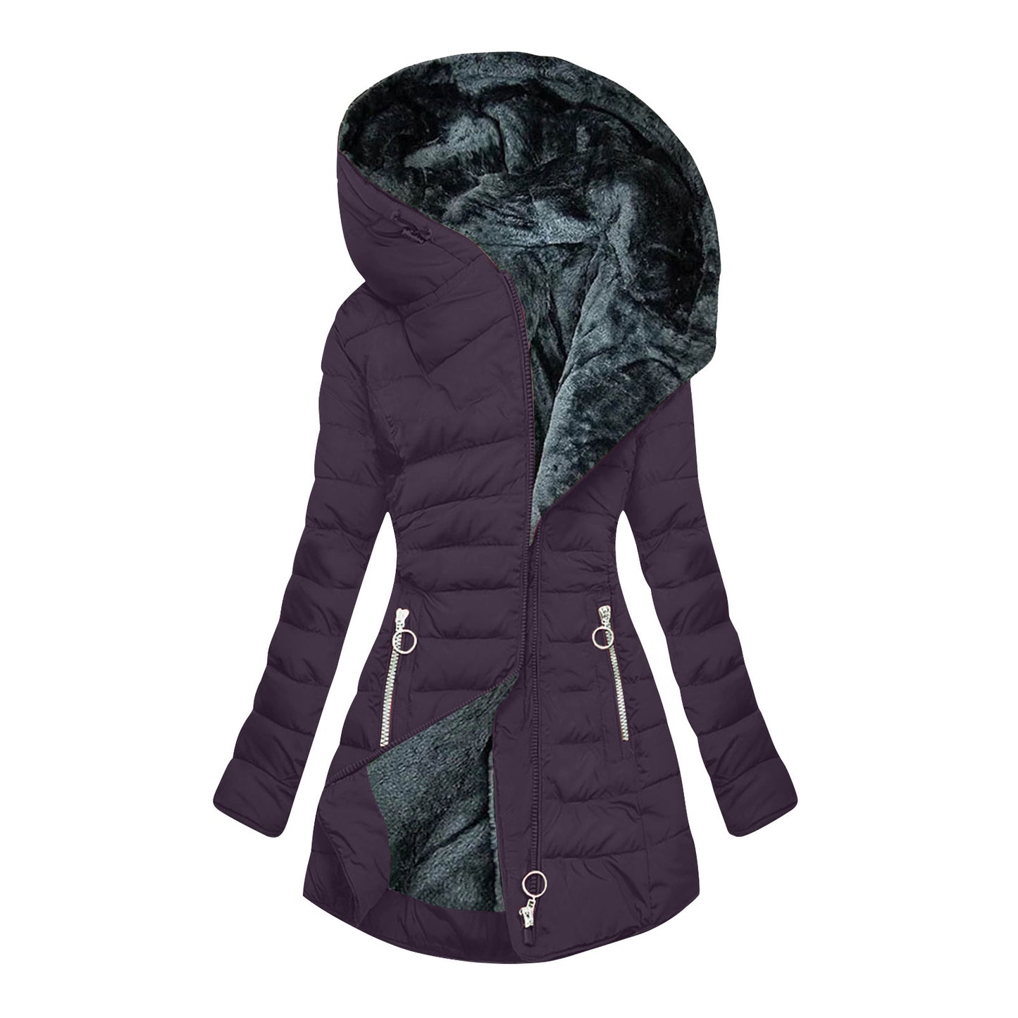 Women's Plush Hooded Mid-length Oblique Zipper Coats