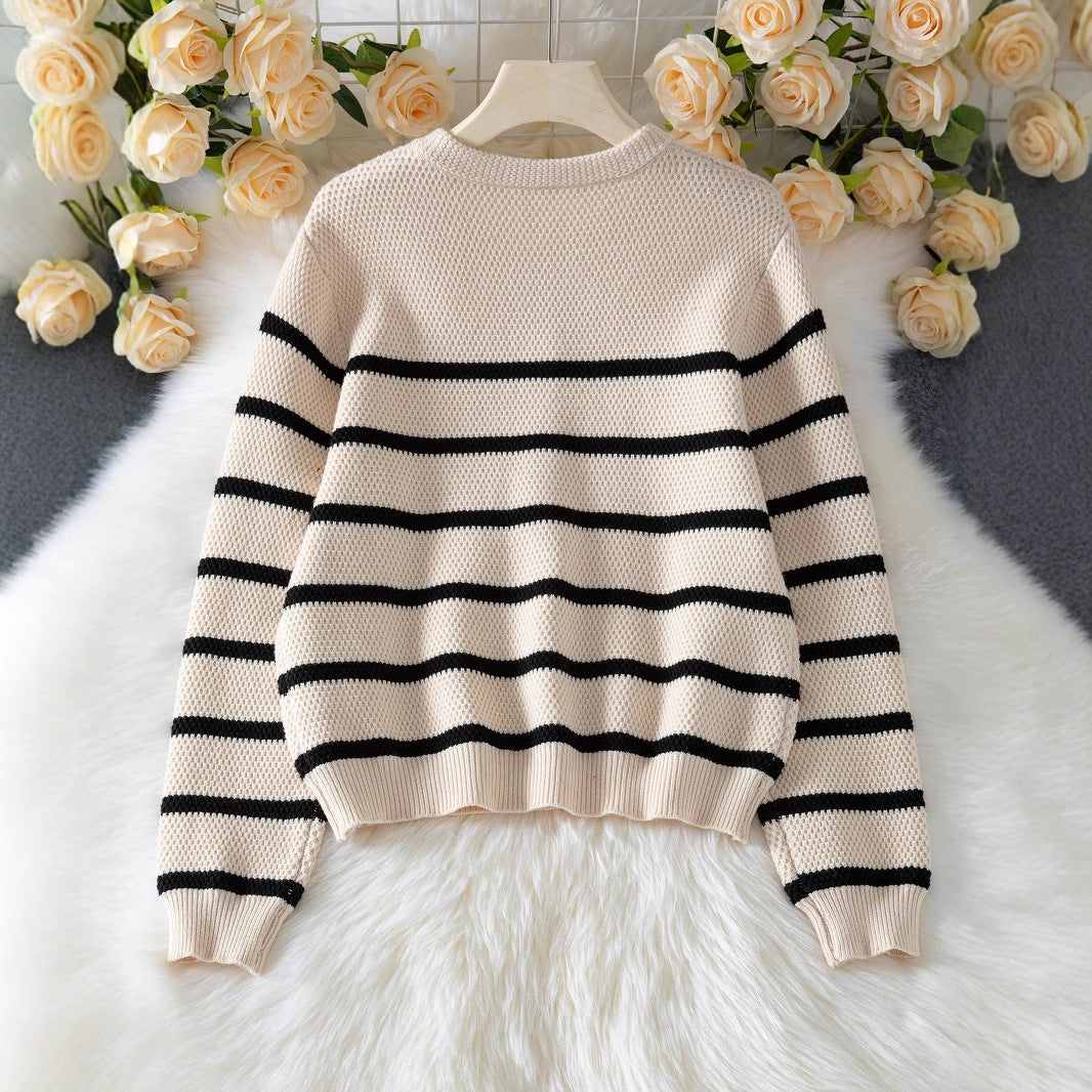 Women's Striped Pullover Fashion With Buttons Sweater