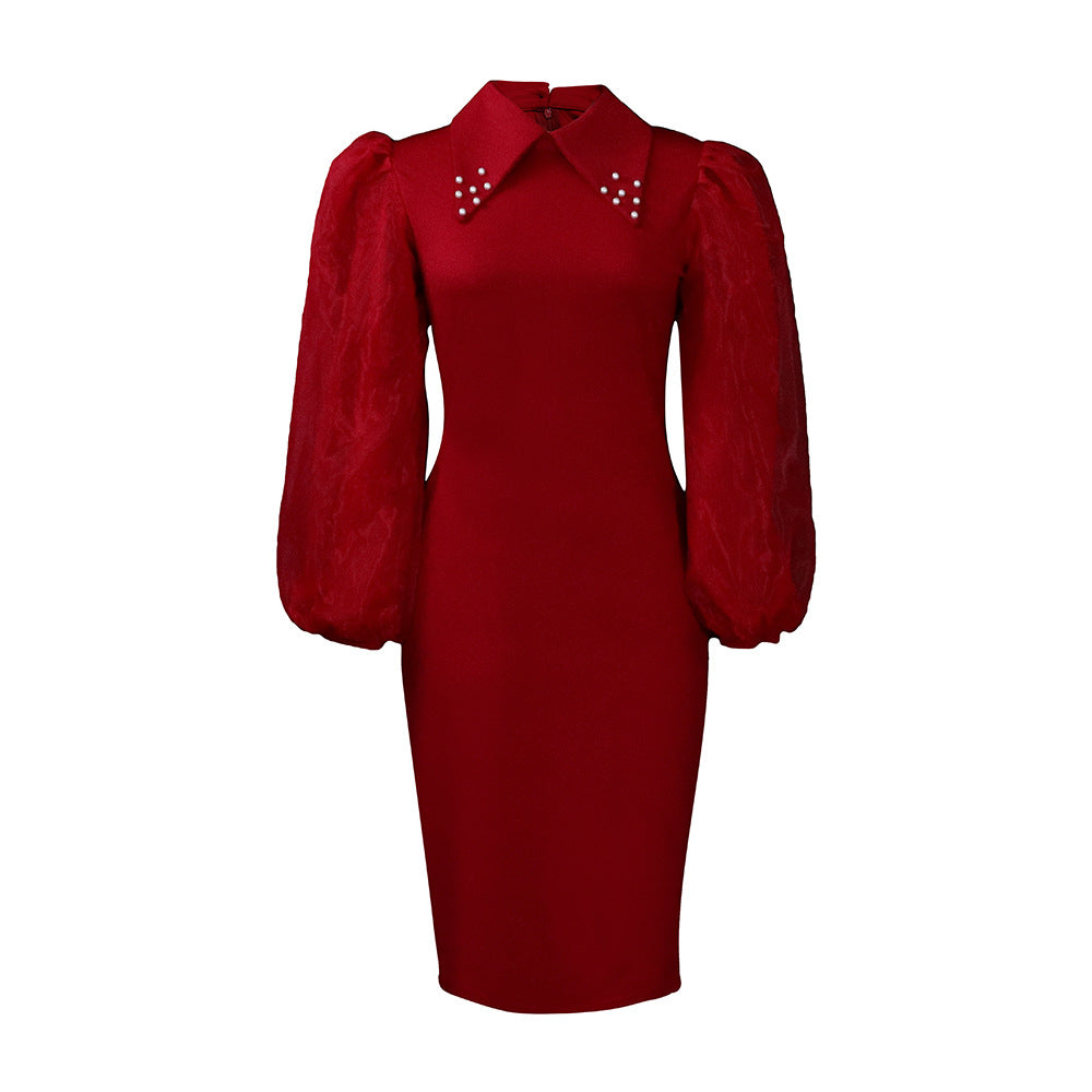 Women's Long-sleeved Large Sheath Beaded Mesh Stitching Commuter Dress