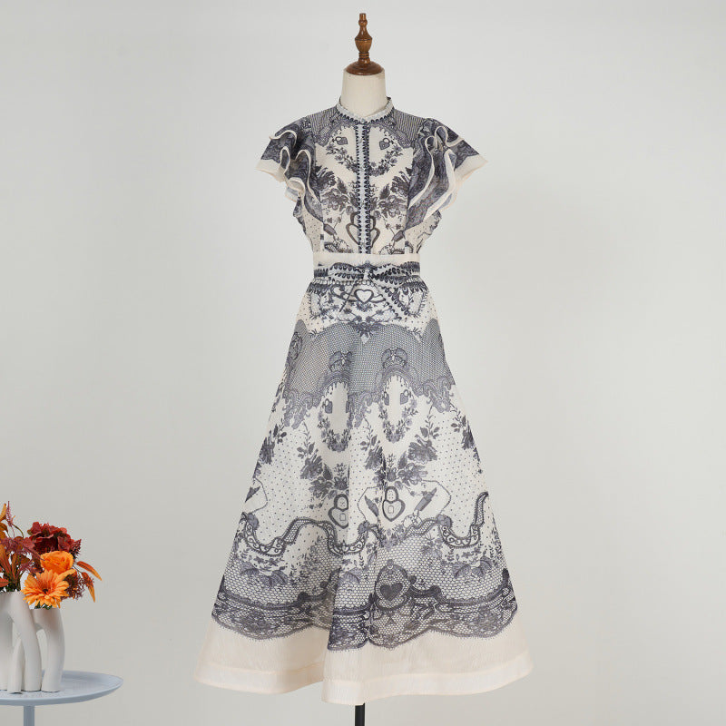Style Stand Collar Ruffle Diamond Button Sleeveless Wide Suits