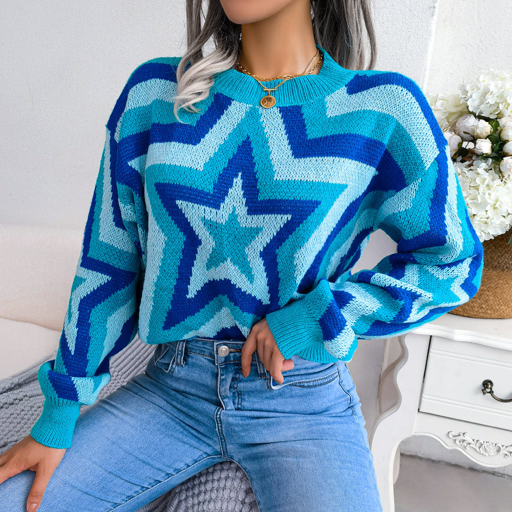Women's Clearance Fashion Color Contrast Long Sleeve Sweater