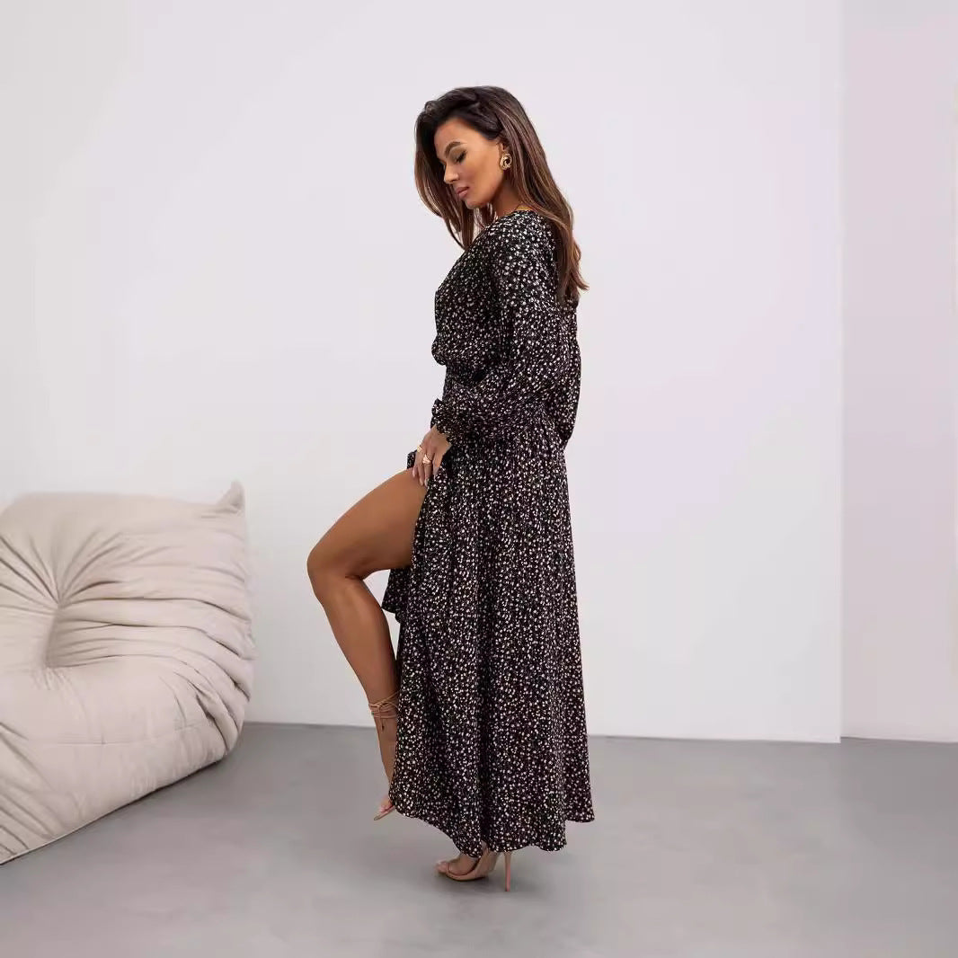 Women's Printed Sexy Slit Long Sleeve Dress Dresses