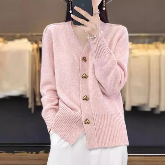 Women's Solid Color Simple Heart Buckle Outer Wear Sweaters