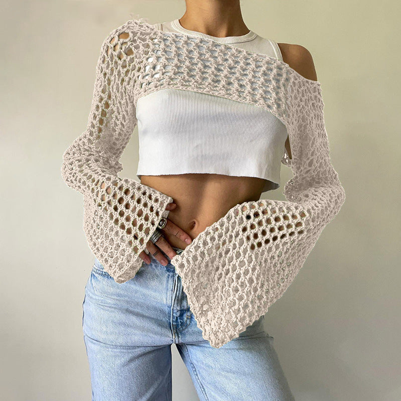 Women's Crochet Casual Bell Sleeve Sexy Mesh Women's Sweater