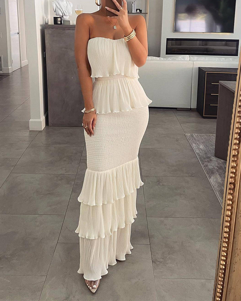 Women's Color Sleeveless Tube Smocking Pleated Ruffled Dresses