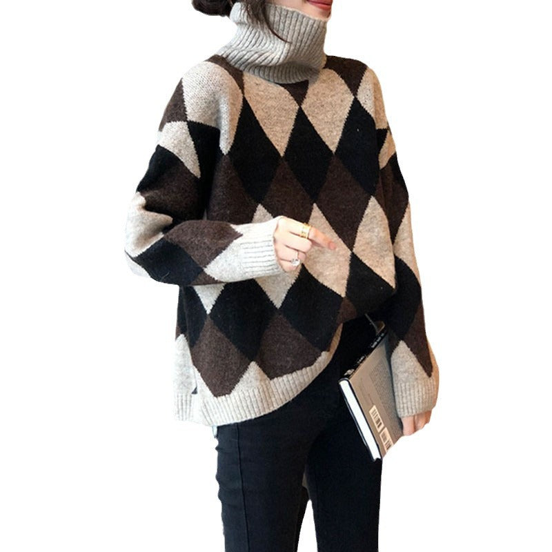 Women's Design Temperament Commute High Collar Loose Versatile Contrast Color Rhombus Sweater