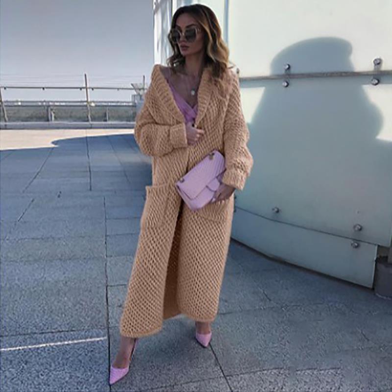 Women's Winter Lapel Knitted Solid Color Long Sweaters