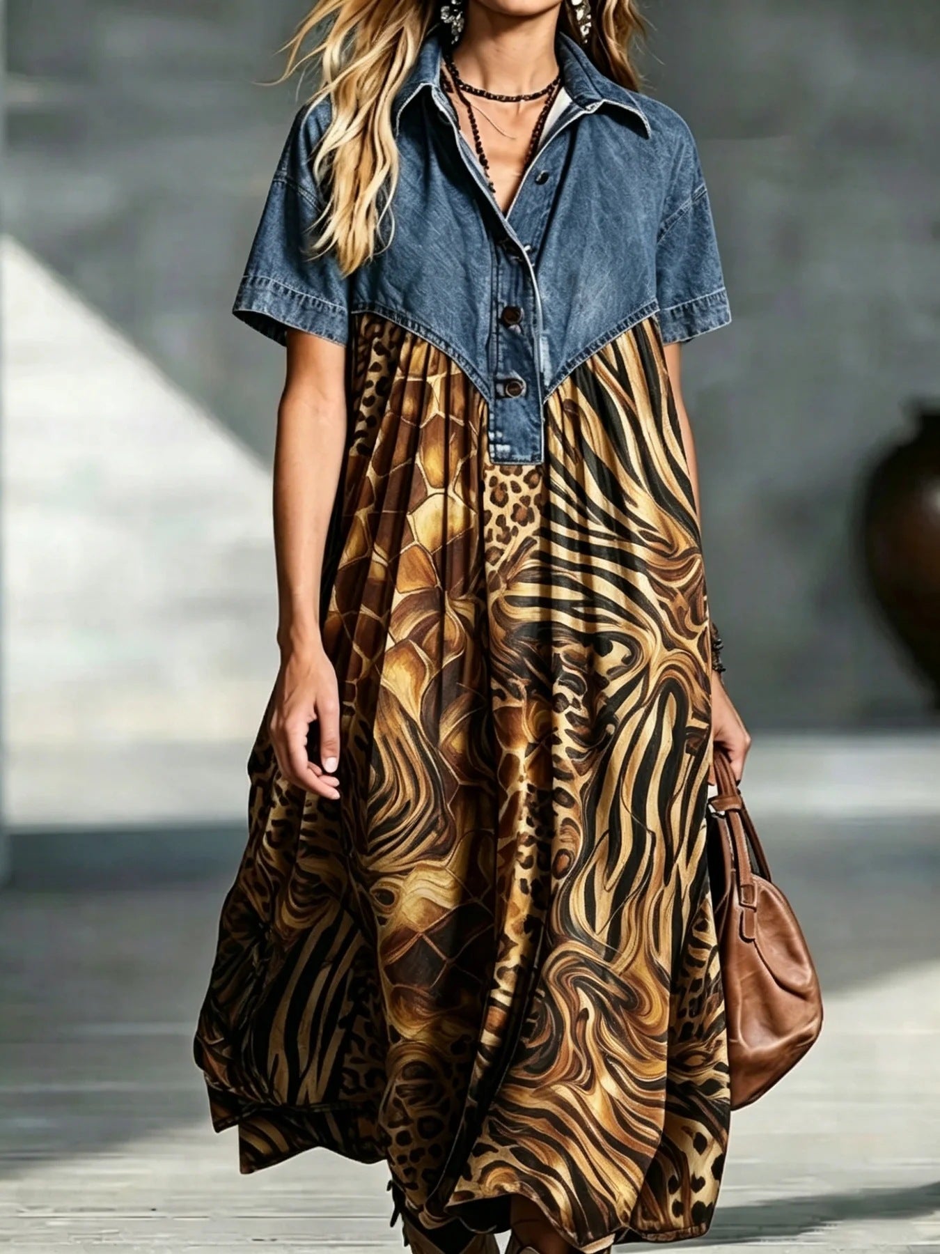 Women's Casual Fashion Denim Stitching Loose Retro Dress